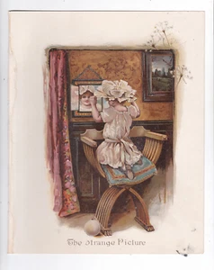 CHROMOLITHOGRAPH. VINTAGE "THE STRANGE PICTURE". Girl With Hat Looking In Mirror - Picture 1 of 2