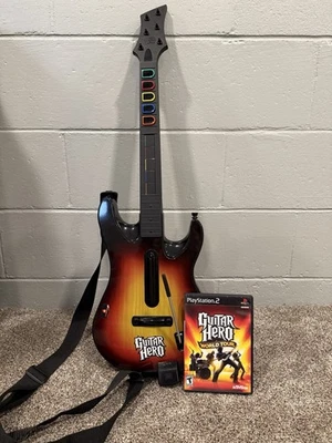 PS2 Guitar Hero Sunburst Wireless Controller Guitar World Tour Edition + Game  - Image 1 of 4