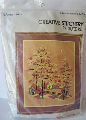 Kit de imágenes de costura Vogart 1977 Crewel otoño en el parque 16" x 20" NOS #511E Foto 1 de 4