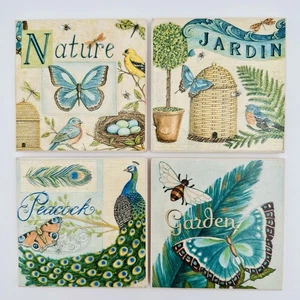 Nature Garden Peacock Jardin Cork Back Ceramic Tile Drink Coasters 3.5” Set Of 4 - Picture 1 of 10