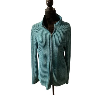 Nomadic Traders Womens Large Sweater Teal Green Knit Full Zip Mock Neck - Image 1 of 4