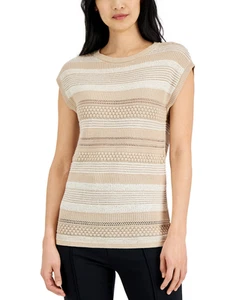 Alfani Women's Beige Mixed-Knit Stretch Striped Cap Sleeve Sweater Size XLNWT - Picture 1 of 5