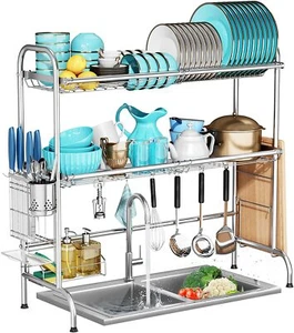 2 Tier Over The Sink Dish Drying Rack w/ Utensil Holder Space Saver for Kitchen - Picture 1 of 11