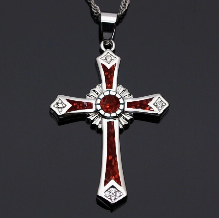 Red Opal Cross Pendant Necklace Christian Jewelry for Men Women Gift Chain - Image 1 of 1