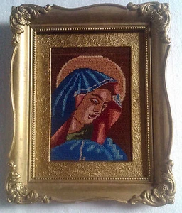 Antique Romanian religious goblen gobelin rare tapestry wood frame needlepoint - Picture 1 of 12