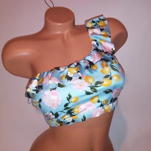 Victoria Secret Swim Bikini Top Large Blue Yellow Floral Lemons One Shoulder New - Picture 1 of 9
