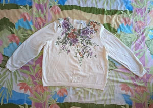 Alfred Dunner Women's XL Ivory Floral Sequin &Pearl Beaded Long Sleeves Sweater - Picture 1 of 15