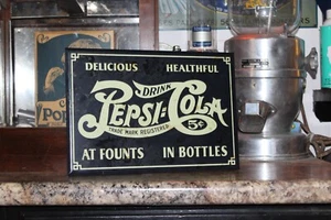 DRINK PEPSI COLA AT FOUNTAINS IN BOTTLE TIN OVER CARDBOARD SIGN SODA POP COKE - Picture 1 of 12