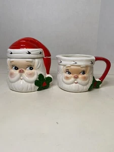 Vintage Santa Claus Face Head Ceramic Creamer Sugar Lid 2 PC Christmas Set - Picture 1 of 7