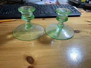 (2) Uranium Glass Candlestick Vaseline depression UV Antique Vintage - Picture 1 of 4