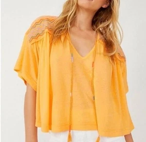 Free People Light Orange Embroidered V-Neck Tassel Ties Oversized Cropped Shirt - Picture 1 of 12