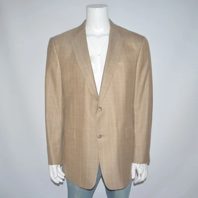 HART SCHAFFNER MARX Silk Wool Tan Plaid Blazer Sport Coat Sz 44L - Image 1 of 4