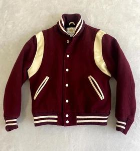 Vintage Golden Bear Hayes Varsity Jacket M-Maroon Wool & Cream Leather-Made USA - Picture 1 of 11
