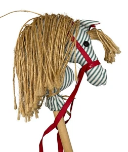 Vintage Striped Fabric Hobby Horse Reins & Natural Fiber Mane Wooden Stick READ - Picture 1 of 10