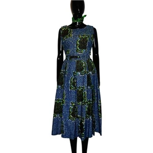 Blue & Green Ankara/African Print Women Cocktail Flare Out Midi Dress  - Picture 1 of 8