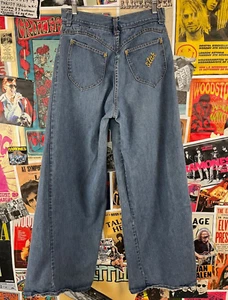 Vintage 70s High Rise Embroidered Star Wide Leg Denim Jeans 31x33 Womens - Picture 1 of 11