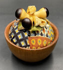 Vintage Pincushion Wooden Bowl w/ Brown Mushroom Buttons Velvet Ribbon