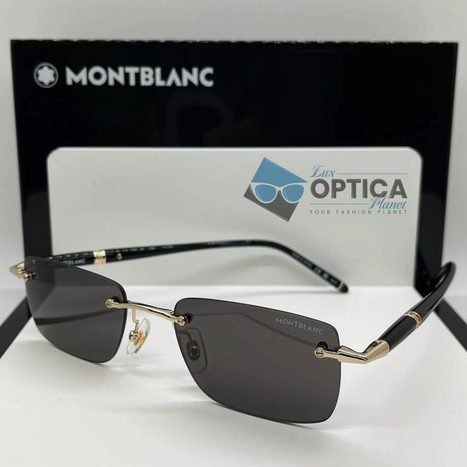 Montblanc MB0344S 001 Gold Black Rimless Sunglasses Unisex Authentic