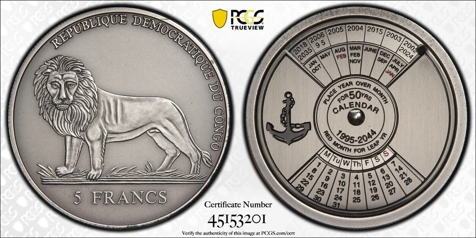 CONGO 5 FRANCS BU COIN 2004 YEAR KM#165 50 YEARS CALENDAR PCGS MS69 TOP POP - Image 1 of 1