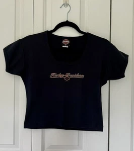 Vintage 2002 Harley Davidson Holoubek T-Shirt Size S Black Crop Top Biker USA - Picture 1 of 11