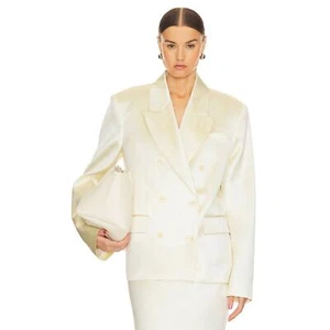 Helsa Heavy Satin Double Breasted Blazer Jacket Career Padded Shoulder Bone Sz M - Picture 1 of 11