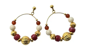 Avon Gold Tone Dangling Hoop Pierced Earrings w/ Gold, Ivory and Carnelian Beads - Picture 1 of 3