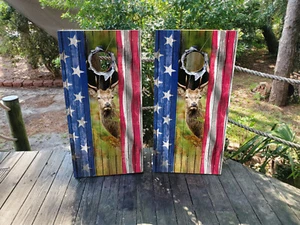 WATERPROOF & FADEPROOF Cornhole Board Wraps Deer Hunter USA Flag  / - Picture 1 of 3