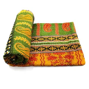 Vintage Kantha Quilt Indian Cotton Bedspread Tropical Bedding Blanket e - Picture 1 of 5