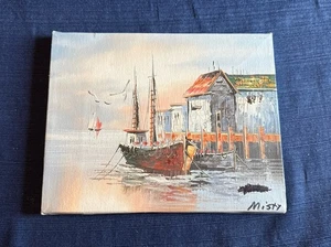 A Painting Of A Serene Waterside Scene with a Boat and a Structure on Silts 10x8 - Picture 1 of 8