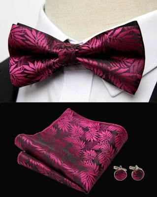 Vintage Men Cufflinks Handkerchiefs Bowtie Sets 3pcs Jacquard Floral Paisley - Image 1 of 2
