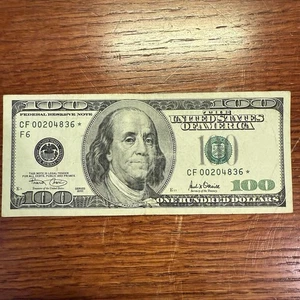 Series 2001 US One Hundred Dollar Bill Star Note $100 Low Serial # CF 00204836* - Picture 1 of 4