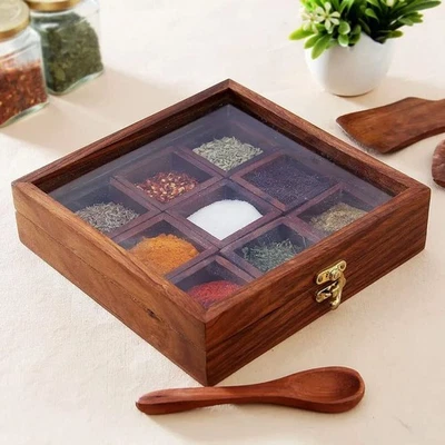 9 Containers Indian Luxury Premium Wooden Spice Masala Jars Spice Rack Box UK - Image 1 of 4