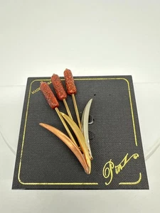 New Vtg Pinz Brooch Cattails Pin Tricolor Gold Tone Nature Art Gift 3” USA - Picture 1 of 4