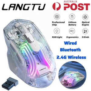 LANGTU Transparent Gaming Mouse Wired 2.4G Wireless Bluetooth 3600 DPI RGB Mouse - Picture 1 of 8
