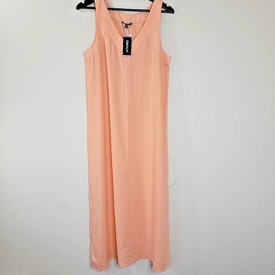 DKNY Women’s Linen Blend Maxi Dress Size S Flamingo Pink Slit NWT Summer - Image 1 of 4