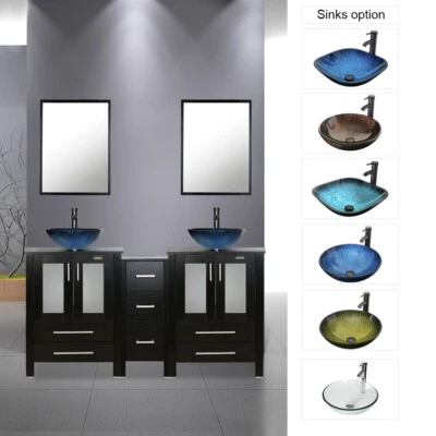 Juego de tocador de baño 60" negro pequeño armario vidrio templado lavabo sin espejo Foto 1 de 4