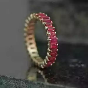 3CT Emerald Lab Created Red Ruby Eternity Wedding Ring 14K Yellow Gold Plated - Picture 1 of 5