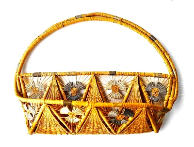 CESTINO DA MUR0 IN RAFIA INTRECCIATA E COLORATA A MOTIVI FLOREALI - INIZI 900 - Immagine 1 di 4