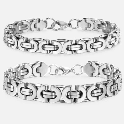 Brazalete de eslabones bizantinos planos de acero inoxidable plateado de cadena de 9 mm/11 mm para hombre de 7-11 pulgadas Foto 1 de 4