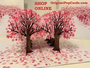ORIGAMI POP CARDS Pink Cherry Blossom Tree Forrest Greeting Card Happy Birthday - Picture 1 of 12