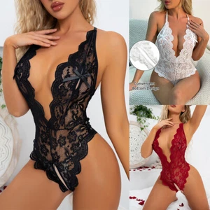 Women's Sexy Lingerie Bridal Naugthy Teddy Crotcheless Deep V-Neck Lace Bodysuit - Picture 1 of 22