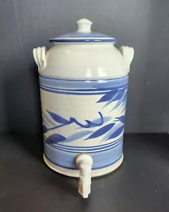 VTG Stoneware Pottery Water Crock Spigot Dispenser Blue White Farm House SIGNED - Picture 1 of 10