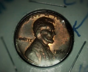 1966 AU Toned CLIPPED PLANCHET Mint Error Copper Penny Lincoln Wheat 1c Cent  - Picture 1 of 4