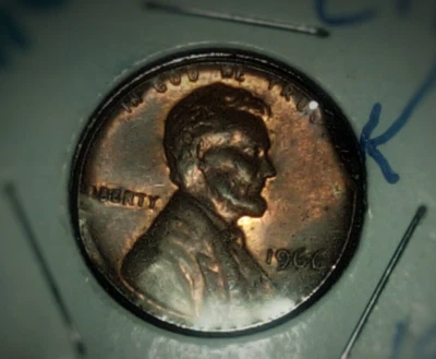 1966 AU Toned CLIPPED PLANCHET Mint Error Copper Penny Lincoln Wheat 1c Cent  - Image 1 of 4