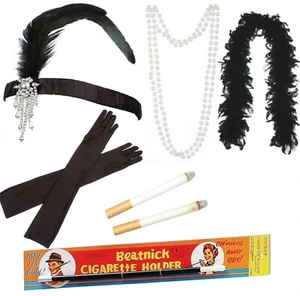 LADIES 1920S FLAPPER ACCESSORIES BOA CIG HOLDER PEARLS HEADBAND FAKE CIGARETTES - Picture 1 of 6