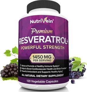 NUTRIVEIN RESVERATROL 1450mg 120 Caps Anti-Aging Antioxidant - Picture 1 of 4