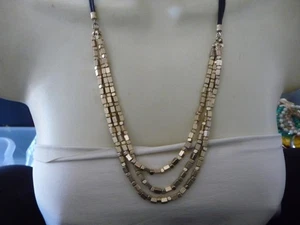 GOLD TONE SQUARE METAT BEAD 3 LAYER ROWS ON BLACK CORD BIB 12'' L NECKLAC #16/8 - Picture 1 of 6