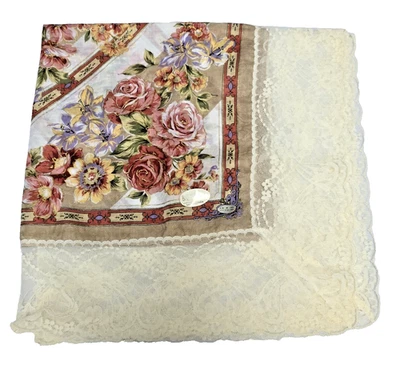 Cachecol Blooming Co floral algodão acabamento em renda 25" quadrado estilo vintage detalhes dourados - Imagem 1 de 4