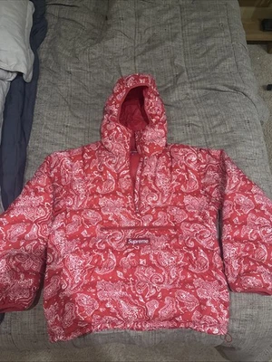 Supreme Micro Down Half Zip Hooded Pullover Red Paisley Size M - Image 1 of 2