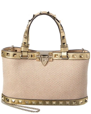 Сумка с короткими ручками женская Valentino Rockstud Mini холщовая и кожаная - Изображение 1 из 4